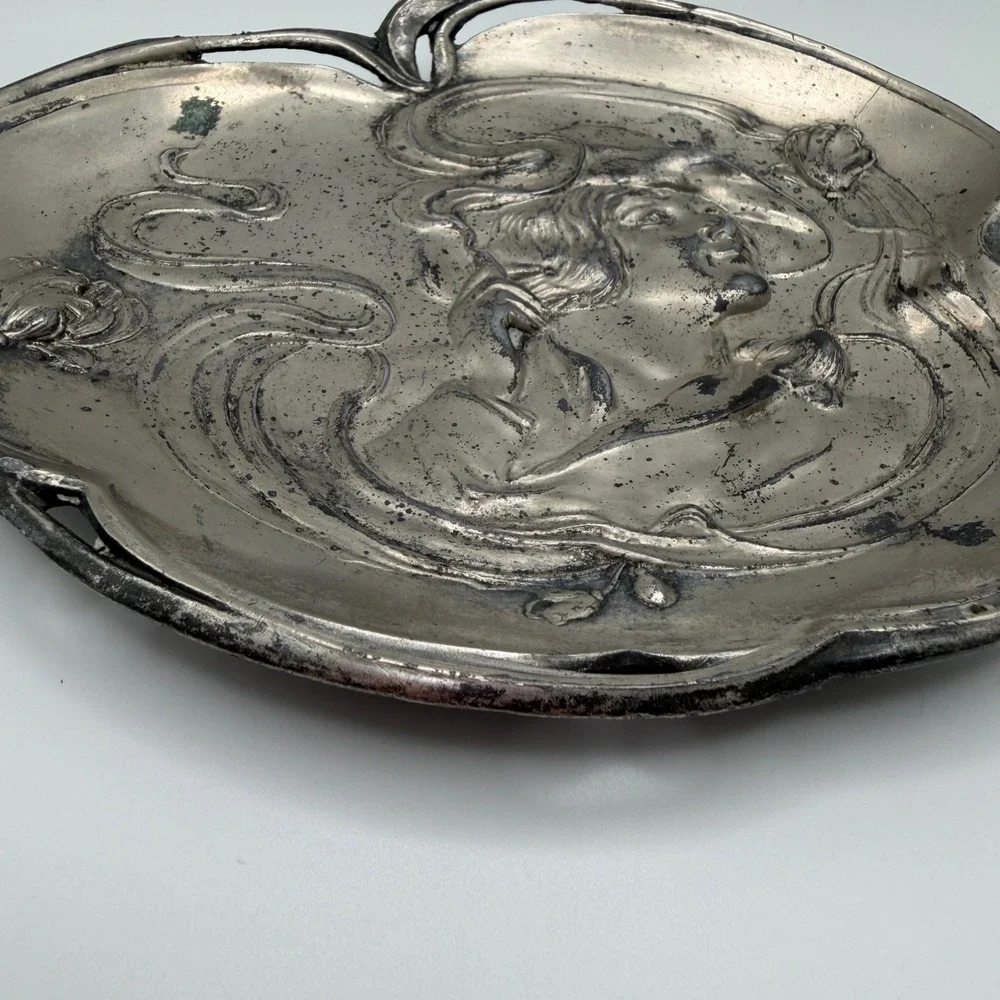 Antique Art Nouveau Bronze? Tray Woman Poppies Repousse Vanity Trinket Dish